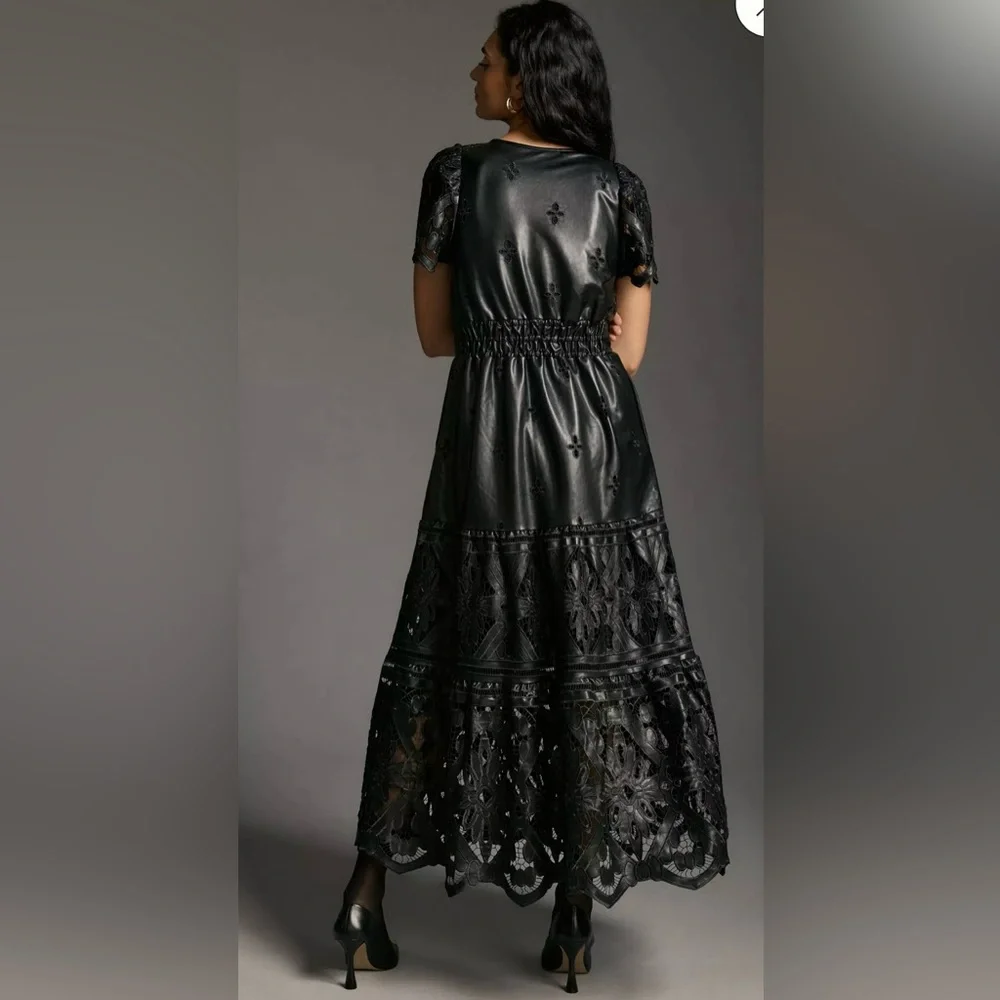 ANTHROPOLOGIE Women’s The Somerset Maxi Dress Faux Leather Embroidered Edition M - Picture 2 of 15